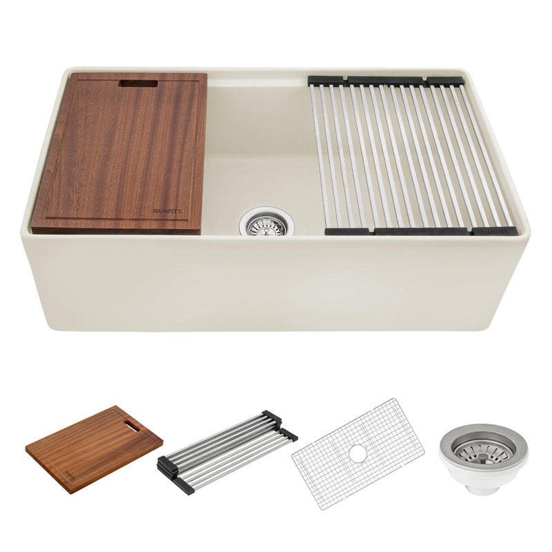 33'' L Double Bowl Fireclay Kitchen Sink, Biscuit