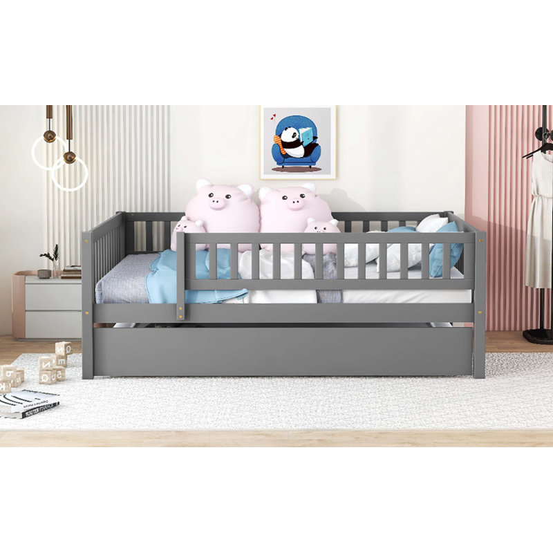 Kids Daybed Wood Bed with Two Drawers, Gray, Full