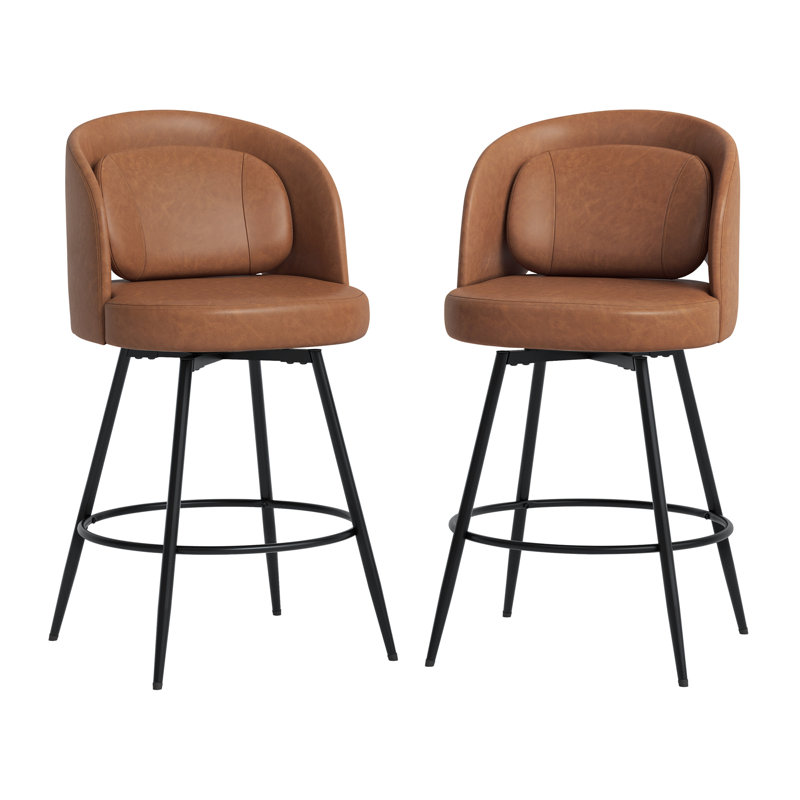 Tabouret de comptoir pivotant H 26 po avec structure en métal, Brun / similicuir, 2
