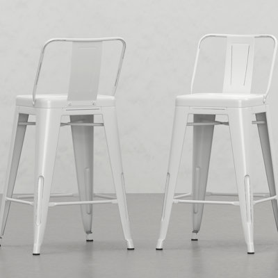 De 2 tabourets de comptoir en métal, 24 pouces, blanc vieilli, confortable pour tabouret de cuisine de 2 pouces mélangeant un mobilier incurvé contemporain et industriel avec dossier incurvé et repose-pieds blancs