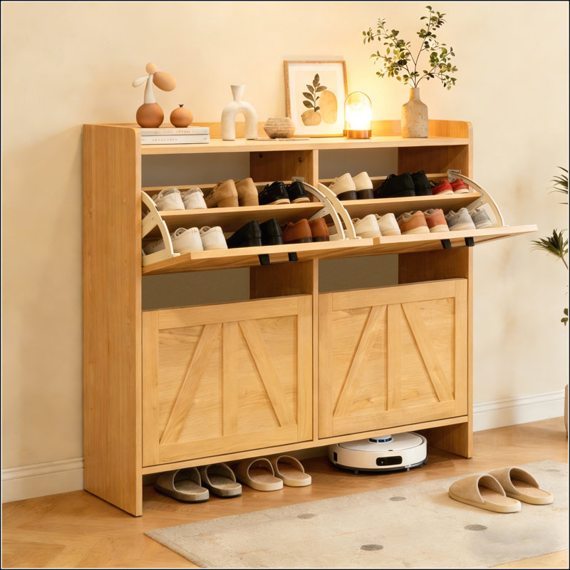 Light Oak Rustic Barn-Door Shoe Cabinet with 4 Flip Drawers for Living Room, Light Oak
