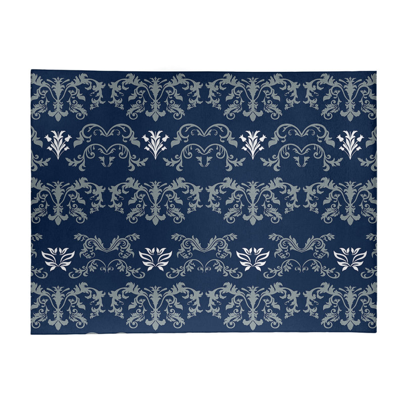 Tapis bleu marine / blanc Damask, Rectangle 9 pi x 12 pi
