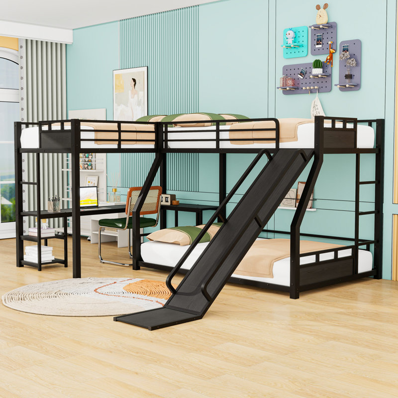 Lit superposé en L en métal avec lit mezzanine, bureau, tablettes et glissière en métal, Jumeaux sur complet