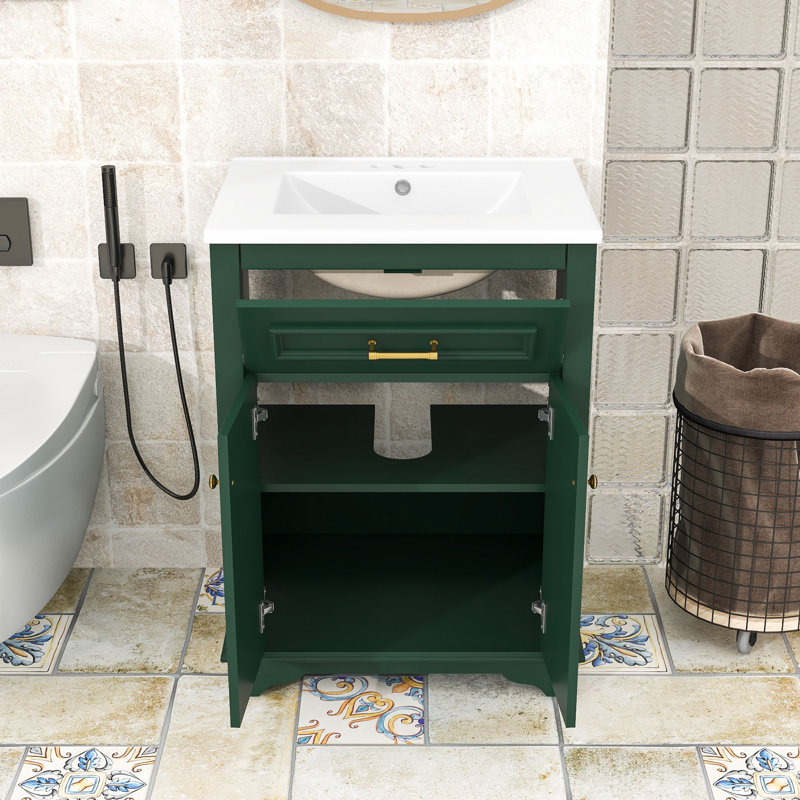 Meuble-lavabo élégant avec lavabo en céramique, tiroir basculant, portes à fermeture en douceur et tablette réglable, Vert