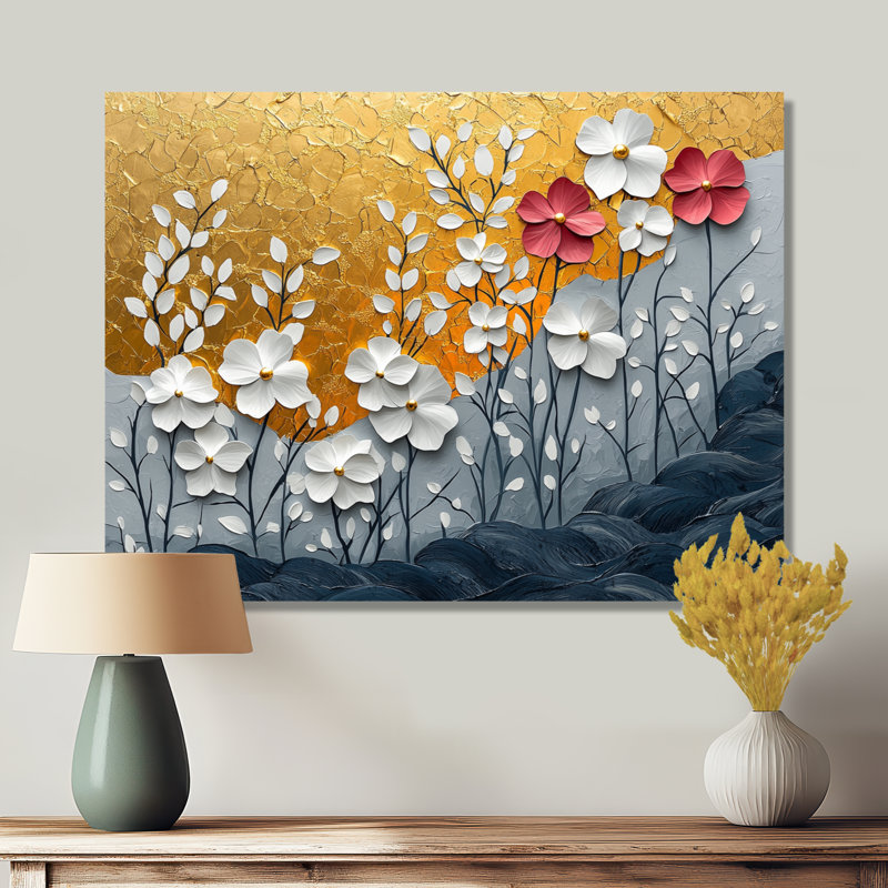 Fleurs sauvages et coquelicots «Golden Horizons» - Art mural imprimé fleurs sauvages, H 34 po x l 44 po