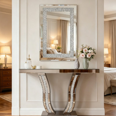 36 x 24 Inch Silver Crystal Crush Diamond Wall Mirror, Modern Rectangular Decorative Hanging Mirror with Beveled Edge for Living Room, Bedroom, Entryway