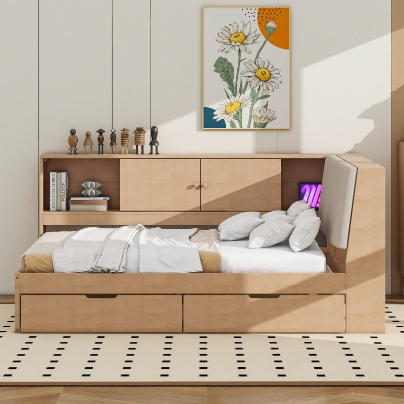 Full Size Corner Bed Frame With Storage Bookcase And Upholstered Headboard, Charging Station And Drawers, Natural, Full