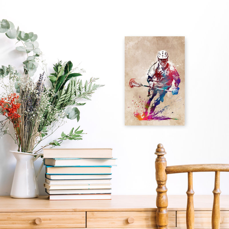 «Dynamic Lacrosse Player Splash», art mural moderne coloré abstrait, H 18 po x l 12 po