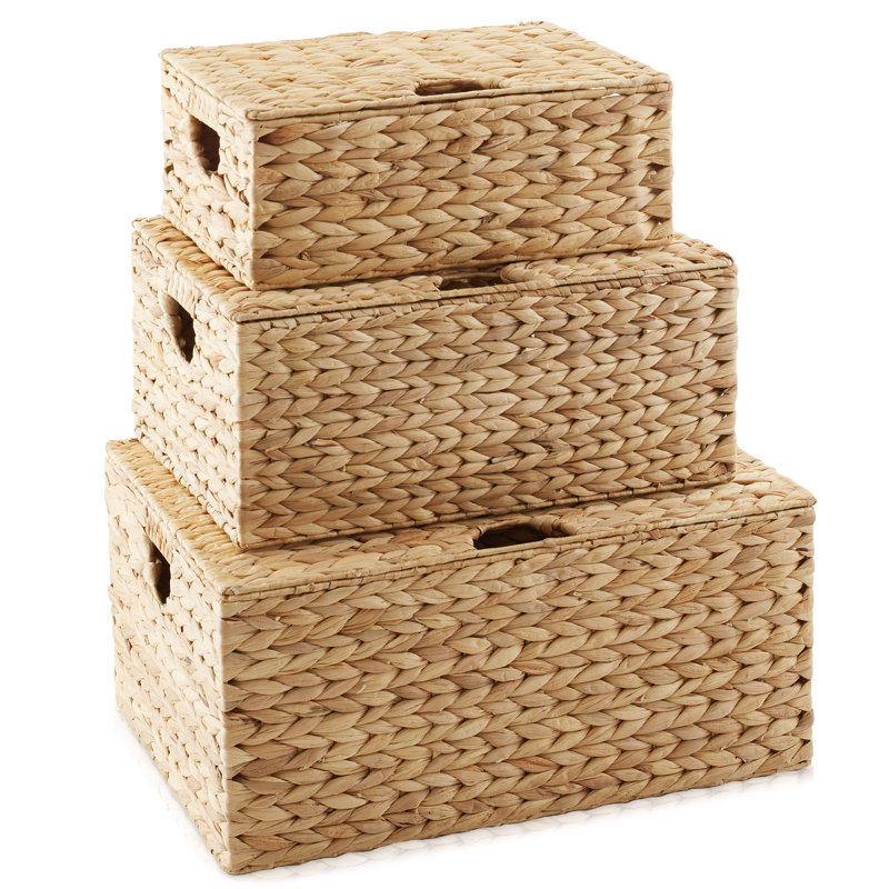 Water Hyacinth Rectangular Storage Baskets with Lids (Natural - Small/Medium/Large)