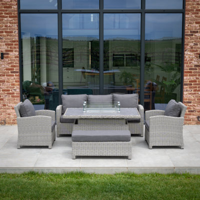 Sofia Rattan Sofa Dining Set with Rising Firepit Firepit Table in Grey