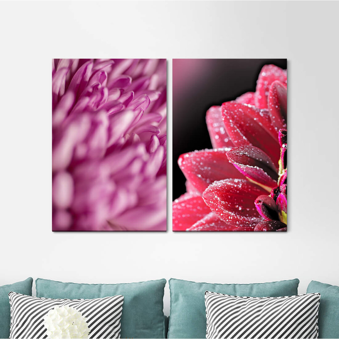 2-tlg. Leinwandbilder-Set - Grafikdruck „Dahlia Water Drops Plant Red Flower Friedsam Fresh”