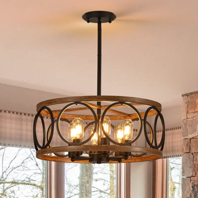 Chandeliers For Dining Room, Farmhouse Modern Black And Wood Grain Metal Pendant Light, Drum Rustic Living Room Bedroom Kitchen Lighting Fixture, Round Hanging Ceiling Lamp, Bulbs Not Included
