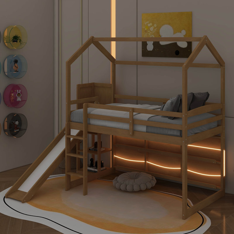 Twin Size Wood House Loft Bed With Slide, Storage Shelves And Light, Climbing Ramp, Couleur du bois