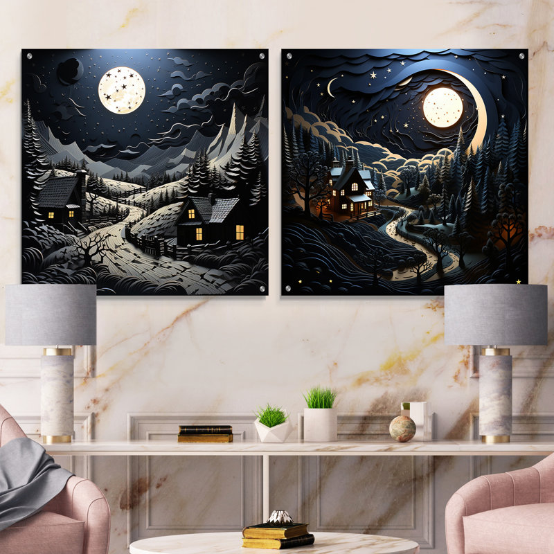 Paysage avec grange au clair de lune II - ensemble de 2 peintures murales en acrylique, H 16 po x l 33 po