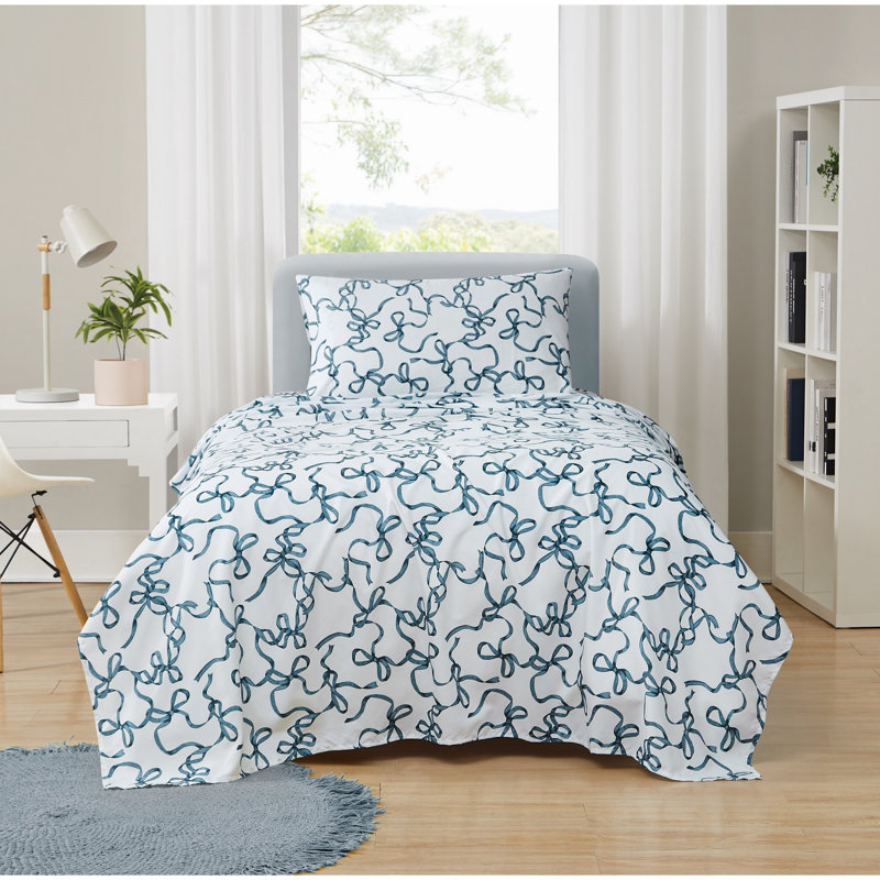 Ensemble de draps à imprimé de nœuds, Bleu, Ensemble de draps pour lit simple TG avec 1 taie d