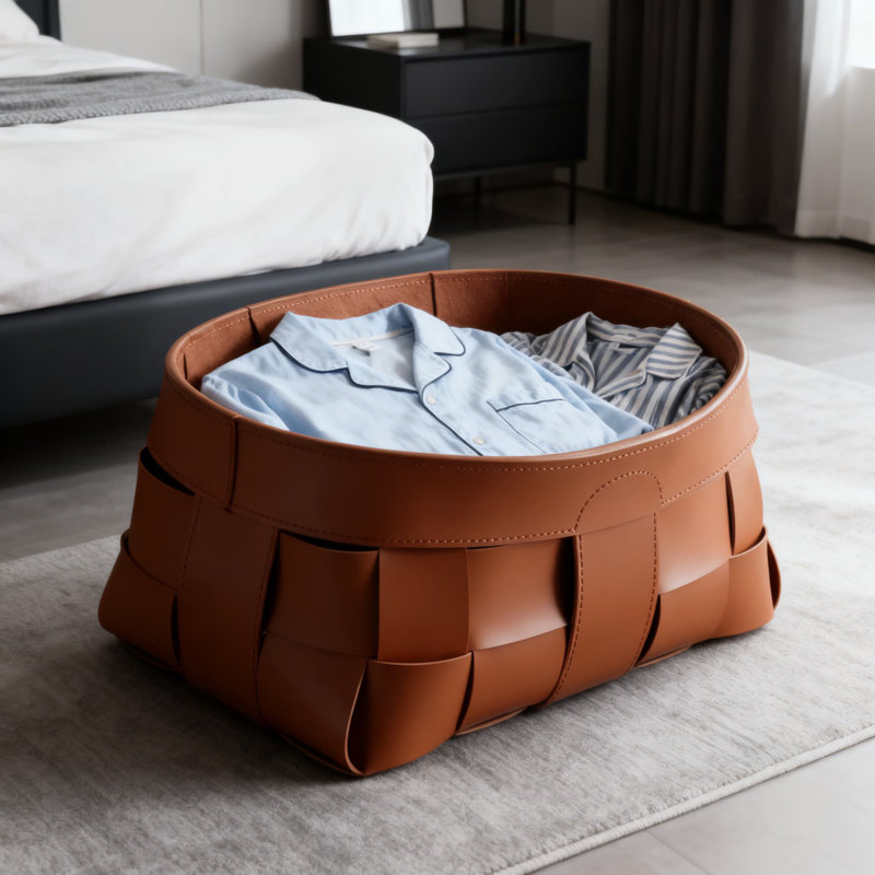 Scandinavian Style Woven Leather Laundry Hamper - Stylish Storage Basket For Clothes, Snacks, And More With Handles For Home And Living Room
