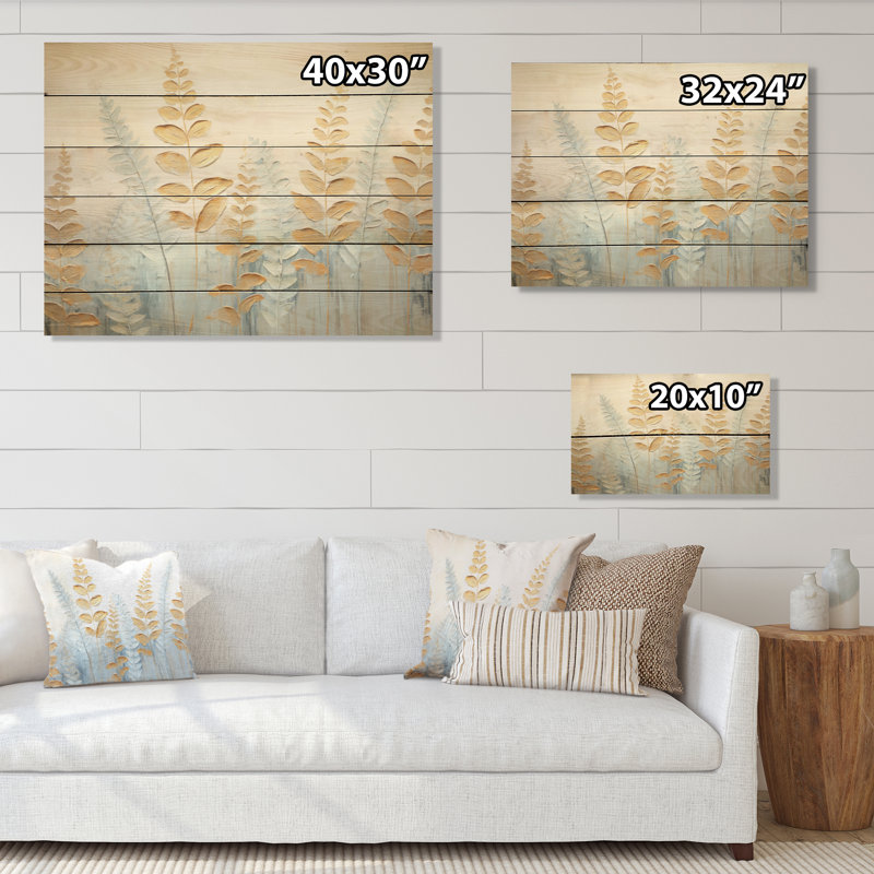 Blue And Golden Ferns Breeze Symphony - Ferns Wood Wall Art On Natural Pine Wood, 10" H x 20" W