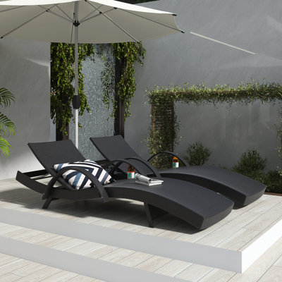 Black 80 Inch Outdoor Wicker Chaise Lounge Chairs Set Of 2 With 5-Level Adjustable Backrest, Patio Rattan Reclining Chair Pull-Out Side Table