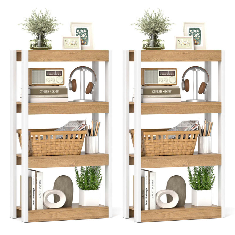 2 Pcs 4 Tier Bookshelf Wooden Bookcase With Dual Anti-tipping Kits Open Shelving Unit Natural, White/Natural