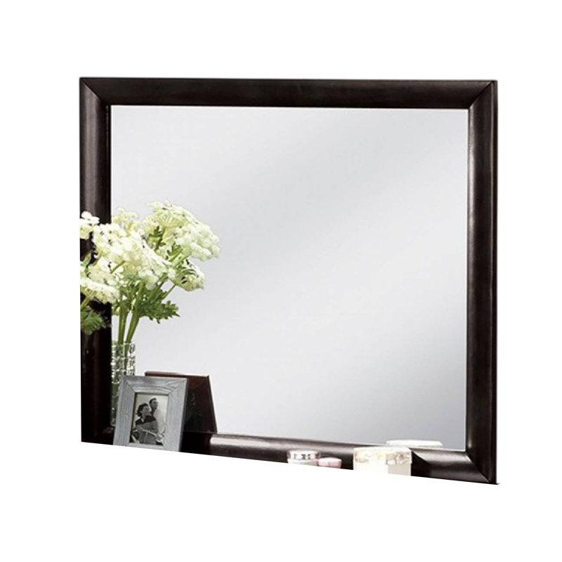 Simo Dresser Vanity Mirror, 40 Inch Dark Cherry Brown Solid Wood, Horizontal, Black