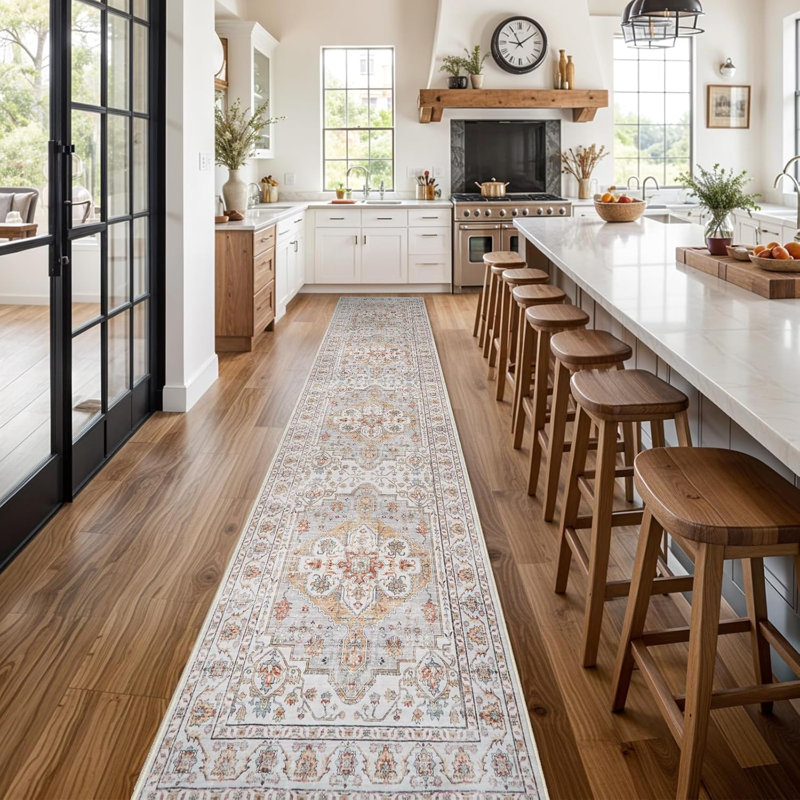 Washable Hallway Rug: Non Slip Rugs with Rubber Backing Soft Kitchen Rug Farmhouse Distressed Carpet for Living Room Bedroom Bathroom (Turmeric/Grey)