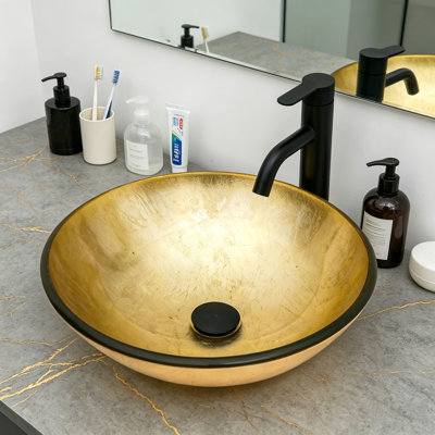 Lavabo vasque de salle de bain rond en verre trempé 16,5 po, lavabo circulaire pour salle de bain artistique avec bonde escamotable et robinet de lavabo