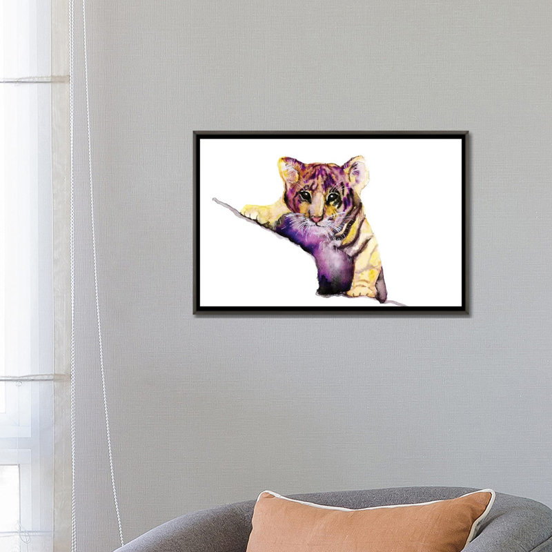 Art little tiger, H 26 po x l 18 po x 1,5 po, Toile encadrée de bois rustique foncé