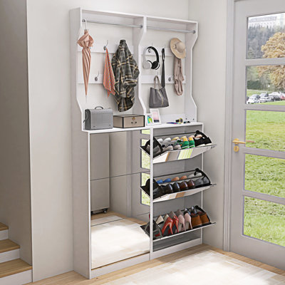 Mirror Shoe Cabinet With 3 Flip-Tier Drawers