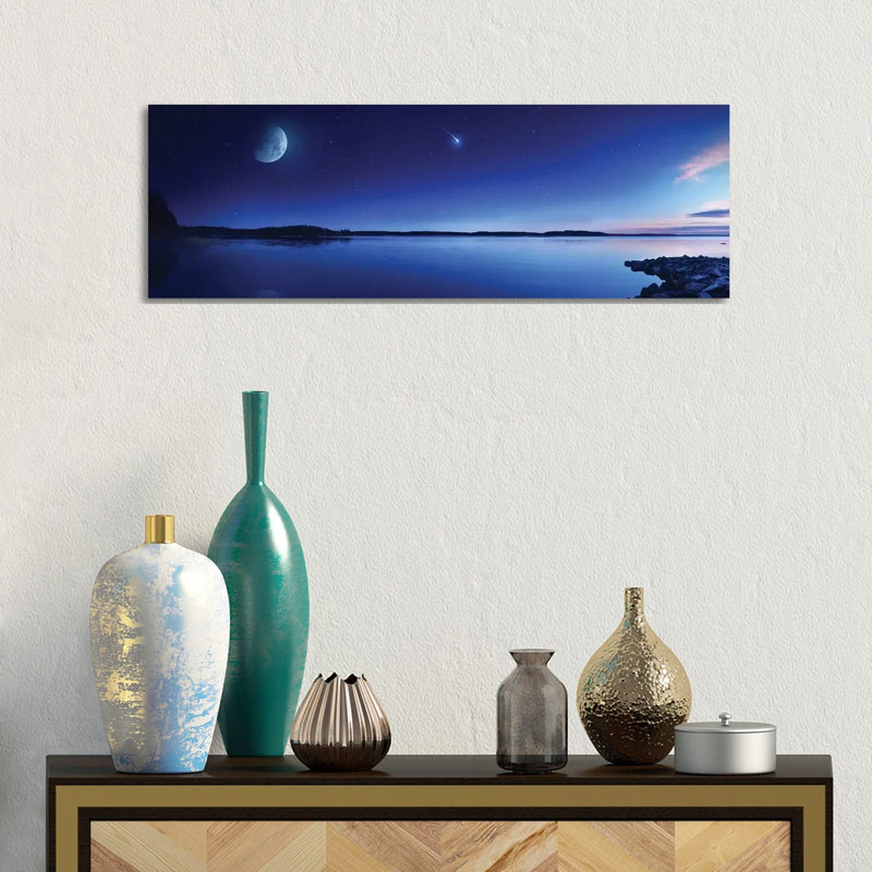 Tranquil Lake Against Starry Sky, Moon And Falling Meteorite, Finland III by Evgeny Kuklev - Wrapped Canvas Panoramic Print