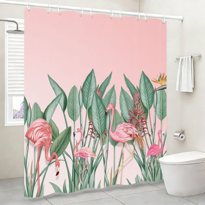 Tropical Flamingo Print 72 x 72 Inch Coastal Bath Decor Pink Shower Curtain