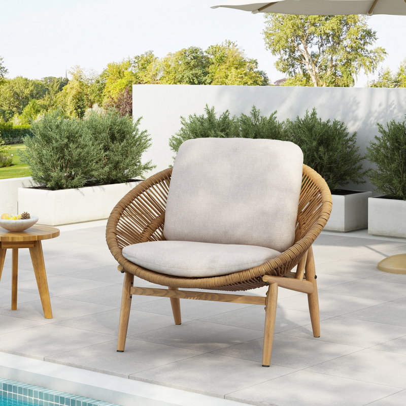 Chaise longue d'extérieur en osier avec coussin Cyril, ensemble de 1, Beige, Marron clair