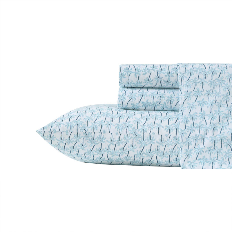 Tommy Bahama Printed Percale Cotton Sheet Set, Queen Sheet Set with 2 Pillowcases, Blue Palmtastic