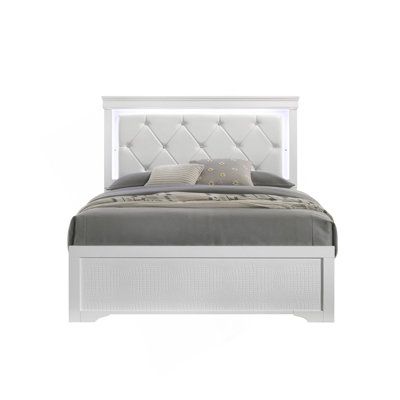 Grand lit tapissier de style moderne avec tête de lit à DEL et bois