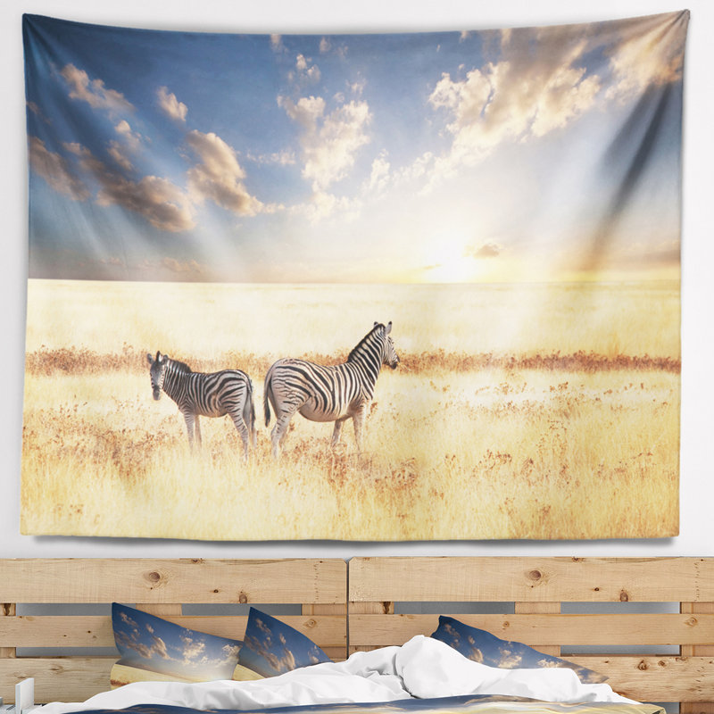 Zèbres d'Afrique dans une magnifique prairie au coucher du soleil, H 50 po x l 60 po