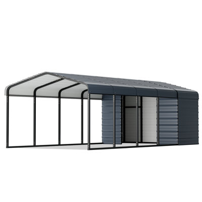 10x25 Ft Carport Storage Shed 2-in-1, Heavy Duty Car Port With Galvanized Metal Frame, Base-reinforced Enclosed Storage Shelter, Extended Coverage For Trucks, Cars & All Vehicles, Gray