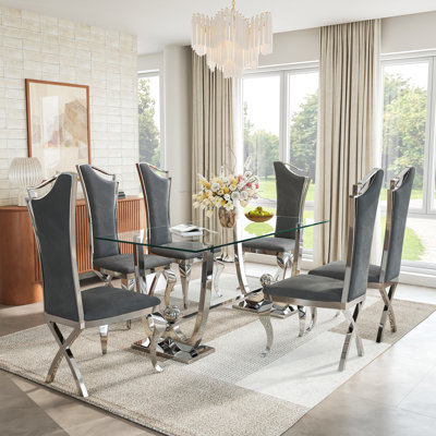 Modern Rectangular Glass Dining Table Set, Tempered Glass Top, Polished Stainless Steel W-Shaped Base, And High-Back Chairs With X-Shaped Legs