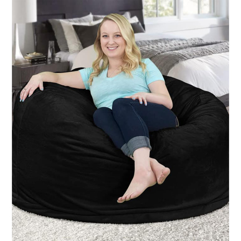 Bean Bag Chair, Oversized Indoor Comfy Lounger, Suede, Black Suede, 28" H x 48" W x 48" D