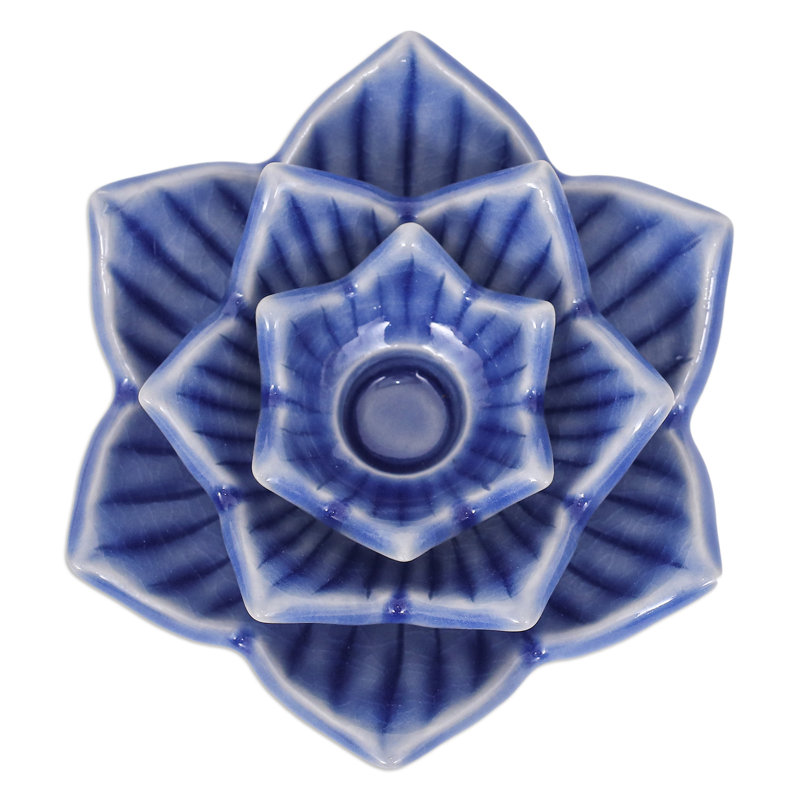 Porte-bougie Bungalow en forme de fleur de lotus en céramique céladon bleu Bungalow