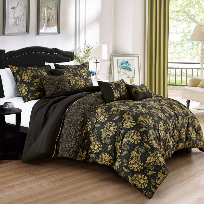 7 Piece Patchwork Brushed Microfiber Plain Weave Comforter Bedding Set, Black, Queen Comforter + 6 Additional Pieces