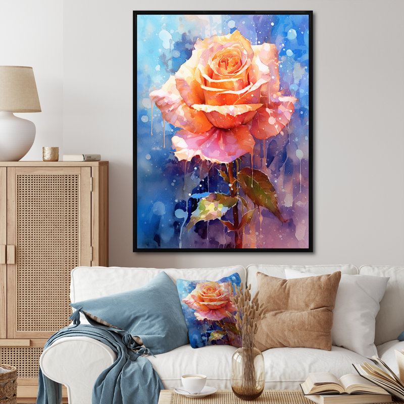 Rose pêche - rêverie II - imprimé, Cadre flottant noir, H 40 po x l 30 po x P 1,5 po