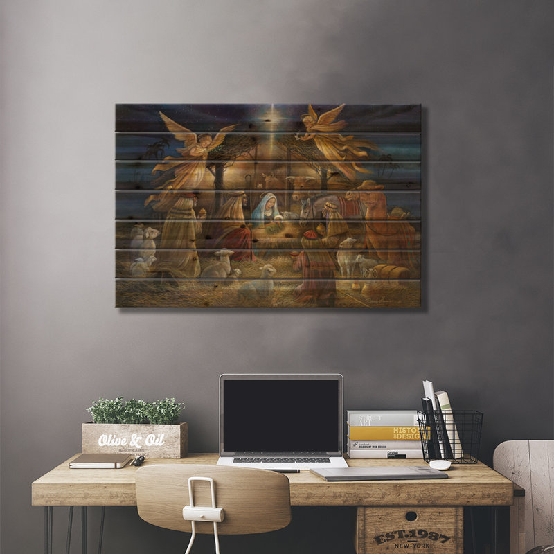 «Nativité sur bois» par Ruane Manning, H 26 po x l 40 po x P 1,5 po