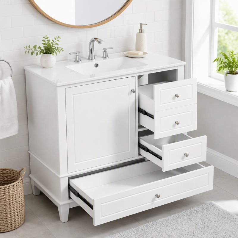 Meuble-lavabo 36 po avec lavabo en céramique et beaucoup de rangement, Blanc, 36