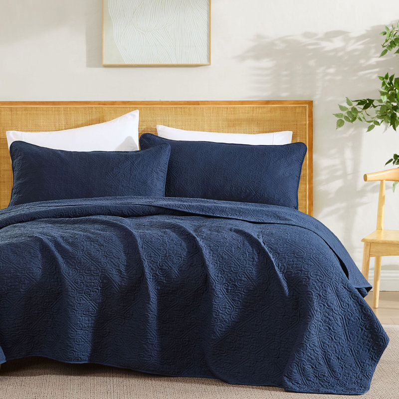 HLC.ME Lorenzo - 3 Piece Set, Lightweight King Bedspread Coverlet Quilt Set, Queen Quilt + 2 Queen Shams, Navy Blue