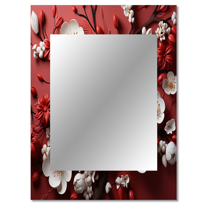 White and red orchid flower branches III - Floral Decorative Wall Mirror, Traditional Mirror, Printed Metal Art, 40" x 30"