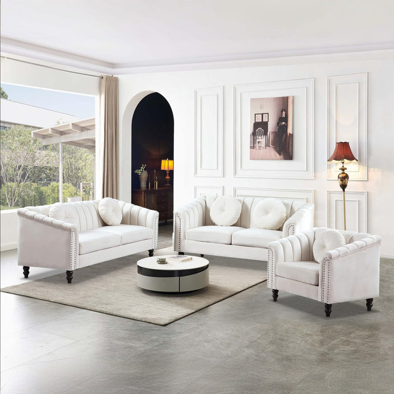 Ginelle 3-Piece White Microfiber Living Room Sofa Set