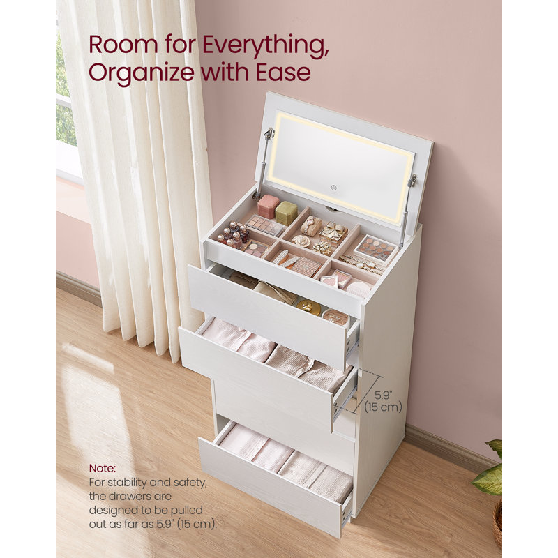23.7"W Choinski 5-Drawer Dresser With Vanity Mirror And Lights, Touch Control Adjustable Lights, For Closet