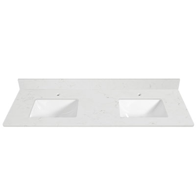 61" X 22" Rectangular Quartz Double Bathroom Vanity Top in White with Ceramic Undermount Basin with 4" Backsplash 