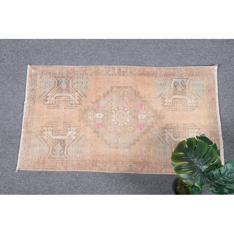 Vintage Turkish Handwoven Beige Bohemian Mat With Unique Geometric Design Ideal For Door Decor In Soft Neutral Tones