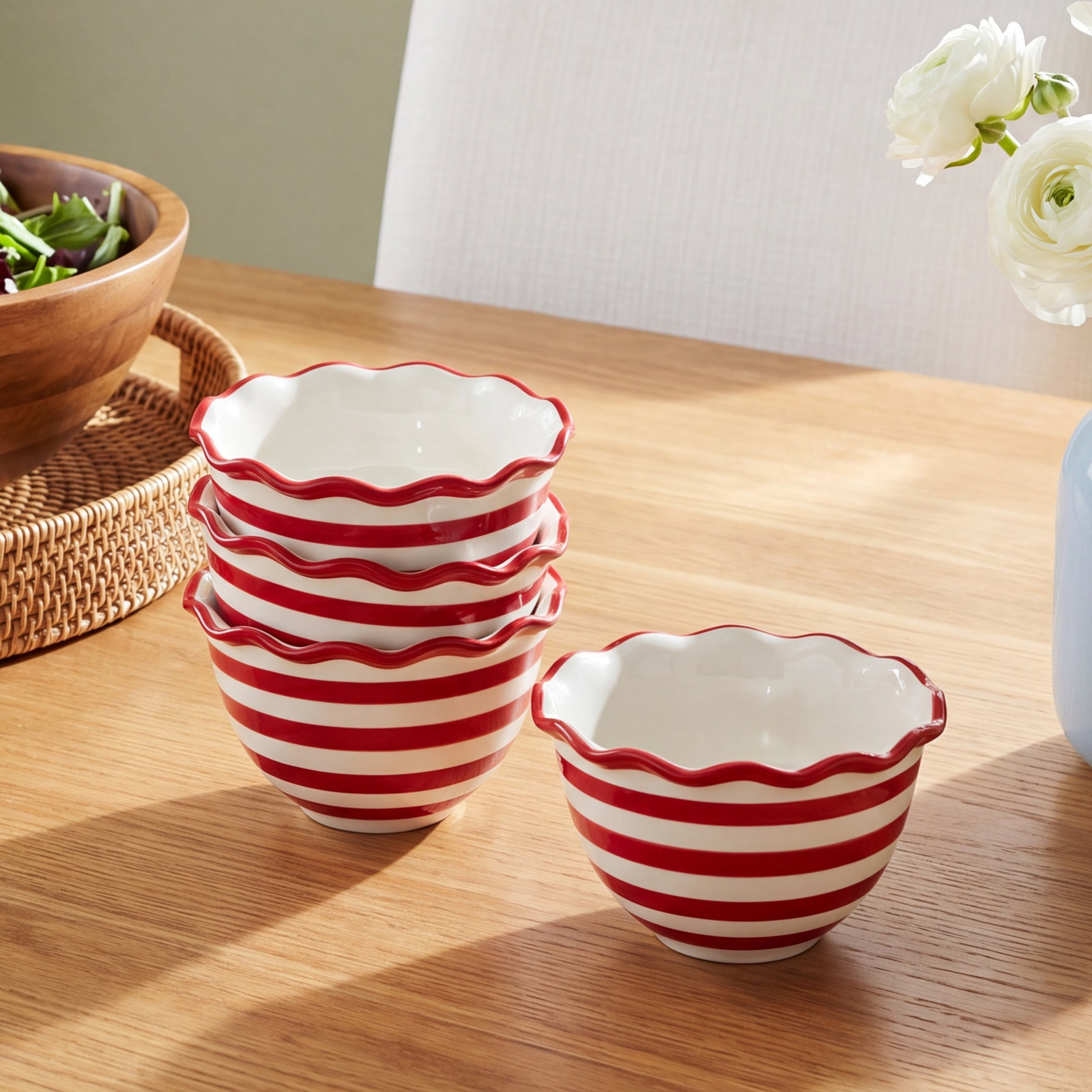 Red Stripe Ruffle Earthenware Cereal Bowl