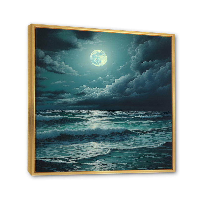 Super lune au-dessus de la mer IV - Décoration murale plage et océan, Cadre flottant doré, H 30 po x l 30 po x P 1 po
